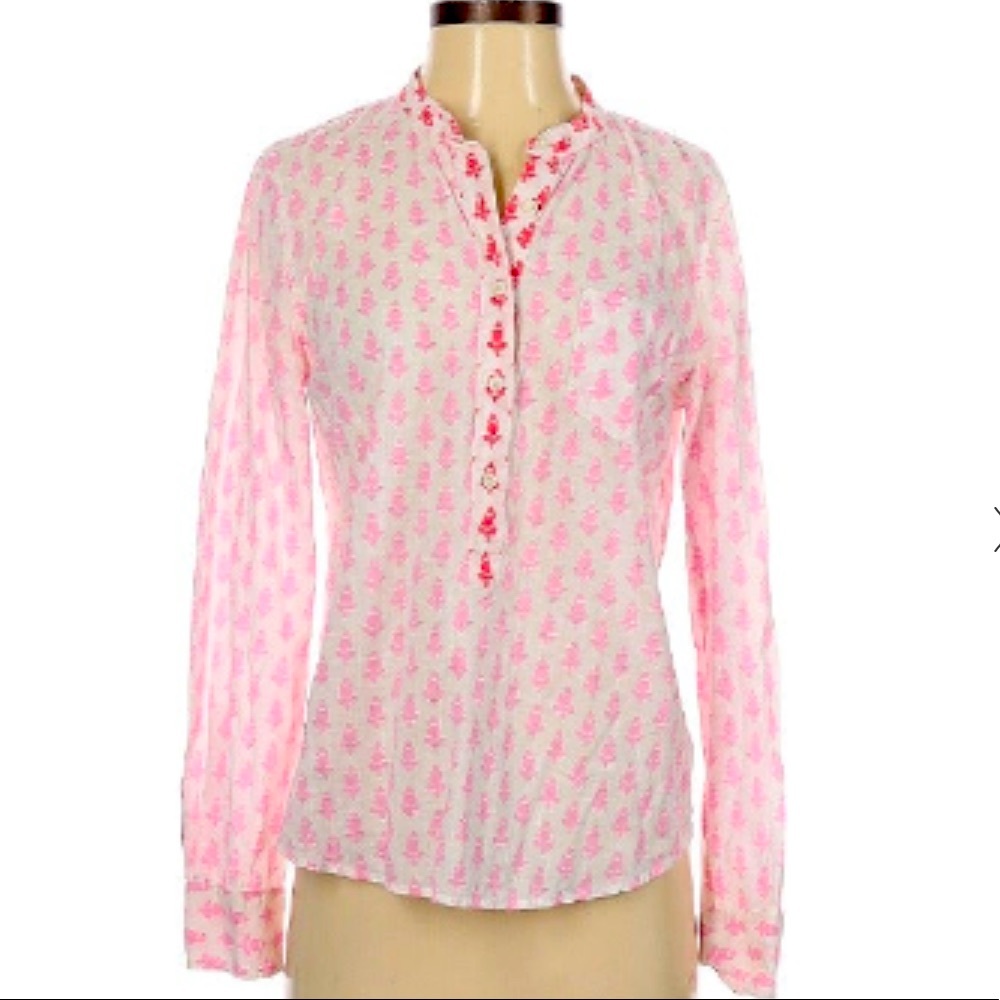 J. Crew Pink and White Printed Cotton Tunic Blouse